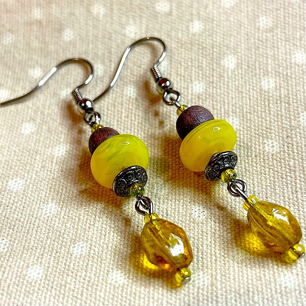 Charming Yellow Beaded Handmade Dangle Earrings with Wooden and Glass Beads OOAK